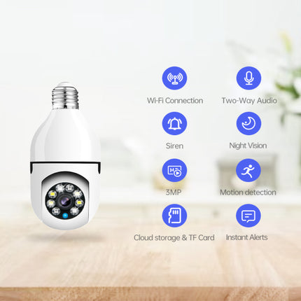Cámara de seguridad HD con bombilla E26/E27, Wi-Fi de banda dual de 2,4 GHz y 5,8 GHz, con detección de personas por IA, audio bidireccional, almacenamiento en la nube, detección de área de alerta, visión de 355° y visión nocturna a color.