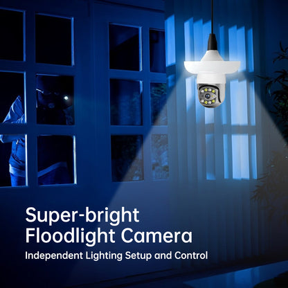 Dual-Band WiFi 2.4GHz & 5.8GHz 4K Bulb E26/E27 Series High-Definition Outdoor camera, Equipped with AI Human Detection, Two-way Audio, Cloud Storage, Alarm Area Detection, 355° View, Color Night Vision Smart Network Camera