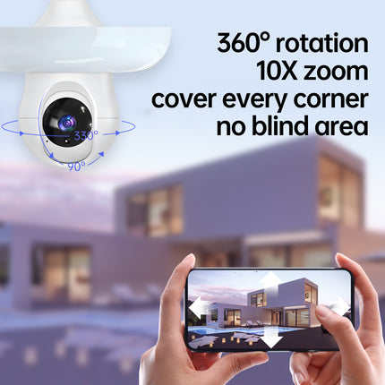 Cámara de seguridad HD con foco LED de doble banda Wi-Fi de 2,4 GHz y 5,8 GHz, serie E26/E27, con detección de personas por IA, audio bidireccional, almacenamiento en la nube, detección de área de alerta, visión de 355° y visión nocturna a color.
