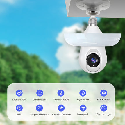 Cámara de seguridad HD con foco LED de doble banda Wi-Fi de 2,4 GHz y 5,8 GHz, serie E26/E27, con detección de personas por IA, audio bidireccional, almacenamiento en la nube, detección de área de alerta, visión de 355° y visión nocturna a color.