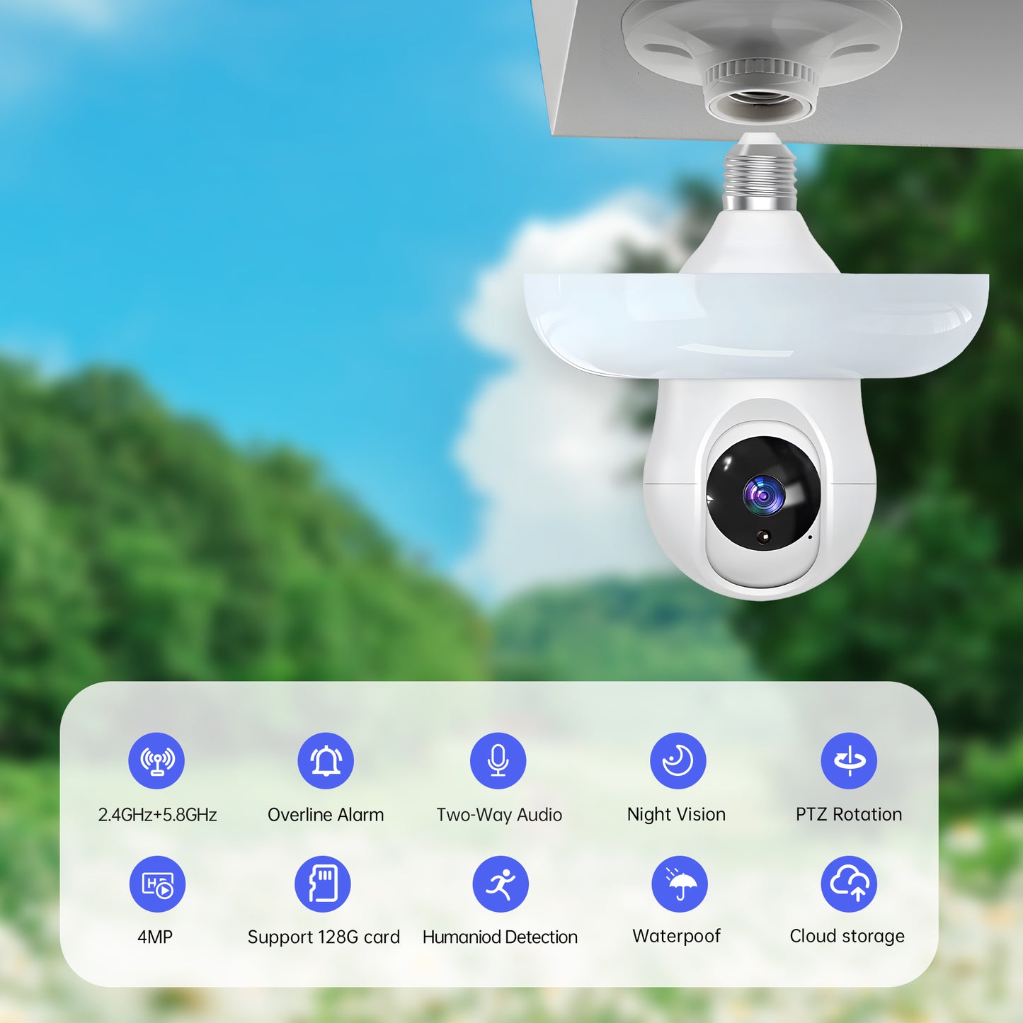 Dual Band Wi-Fi 2.4GHZ&5.8GHZ LED Floodlight Bulb E26/E27 Series HD Security Camera, With AI Human Detection, Two-way Audio, Cloud Storage, Alert Area Detection, 355° Vision, Color Night Vision Smart Network Camera