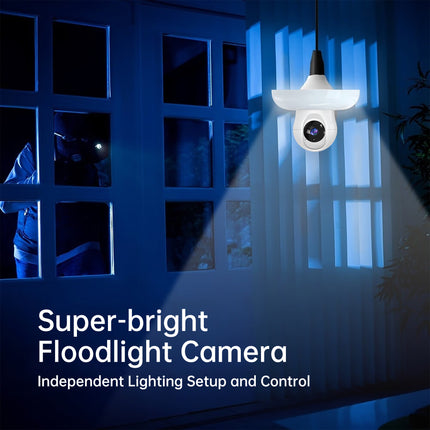 Cámara de seguridad HD con foco LED de doble banda Wi-Fi de 2,4 GHz y 5,8 GHz, serie E26/E27, con detección de personas por IA, audio bidireccional, almacenamiento en la nube, detección de área de alerta, visión de 355° y visión nocturna a color.